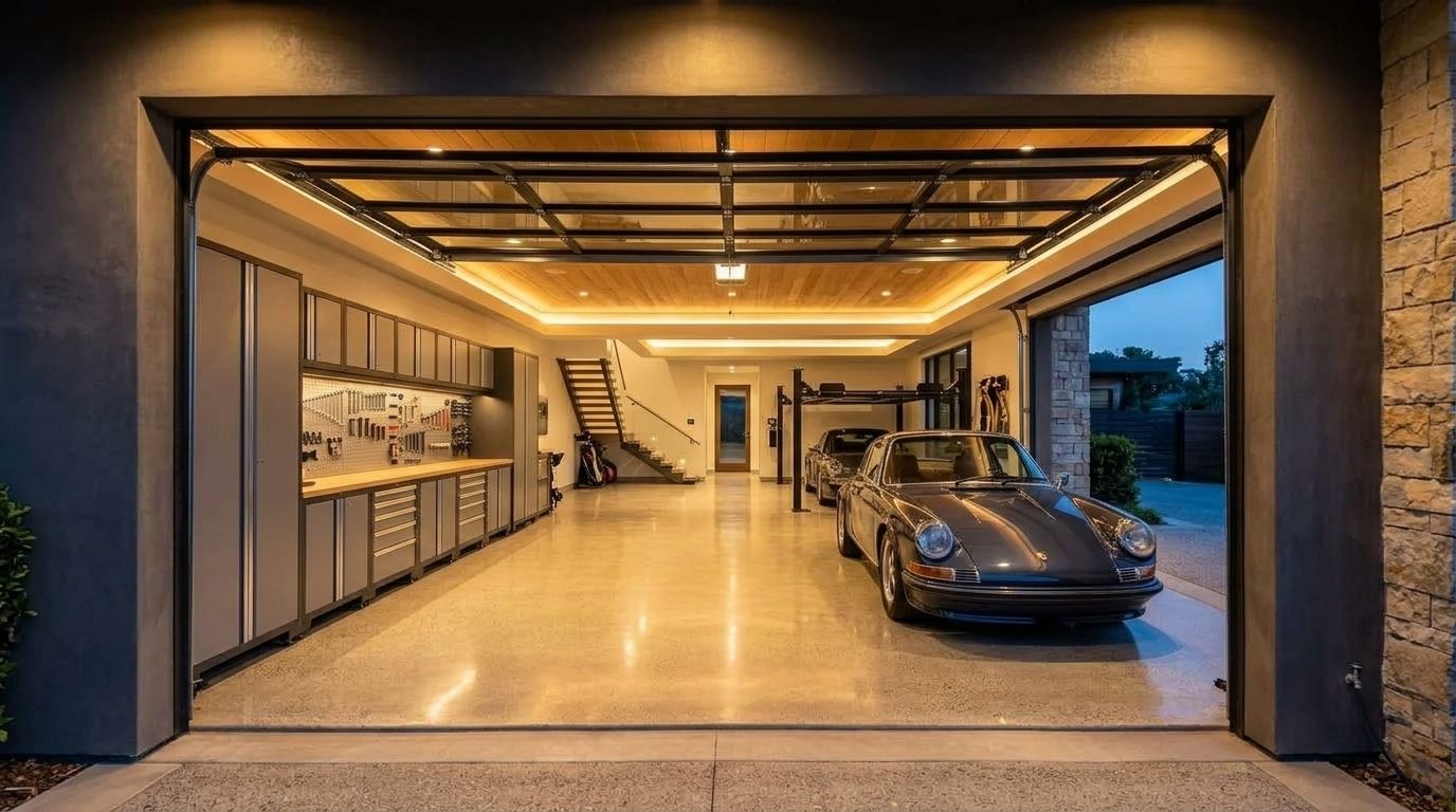 McGrath Garage Door Service Interior View of Custom Garage Door Overhead and Workshop